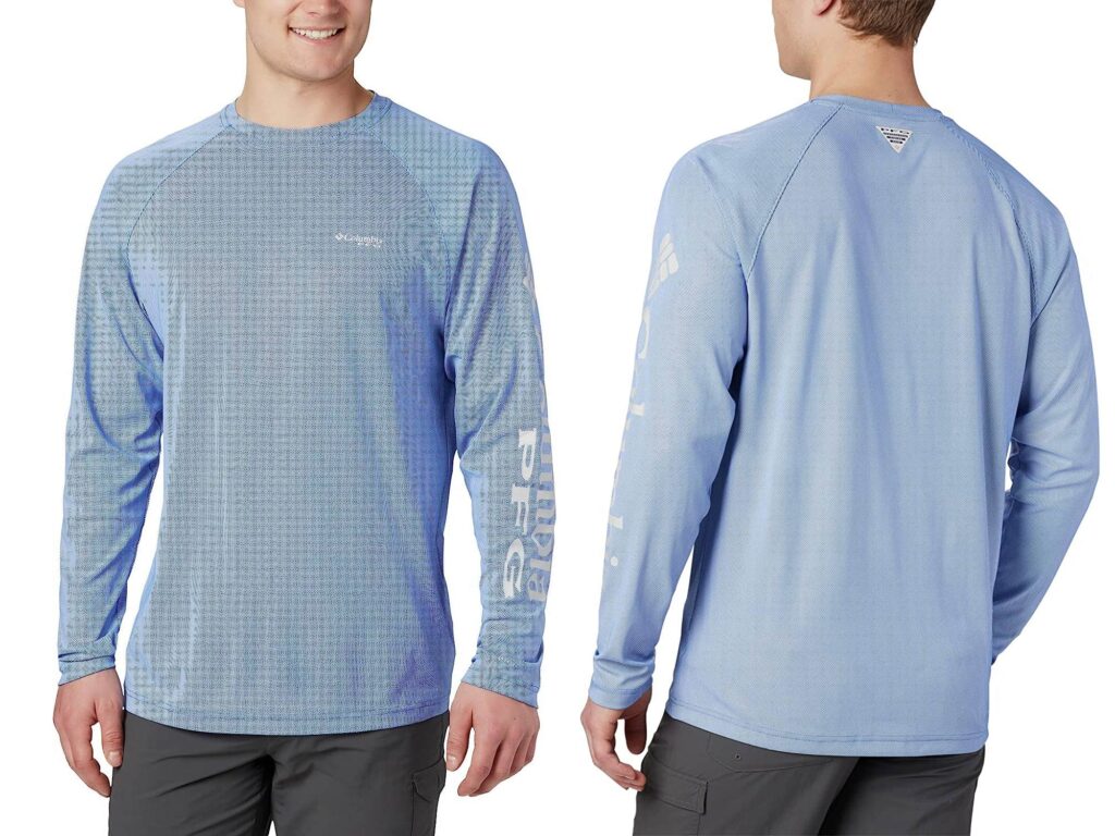 A model showing off the front and back of the Columbia PFG Terminal Deflector long sleeve shirt in blue.
