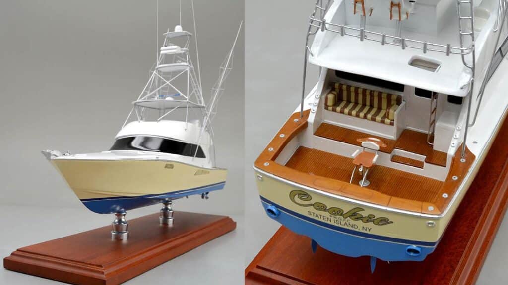 A side-by-side immage of a miniature scale wooden sport-fishing boat model crafted in exquisite detail, showcasing the hull and design, and a close up detail of the boat's cockpit and mezzanine.