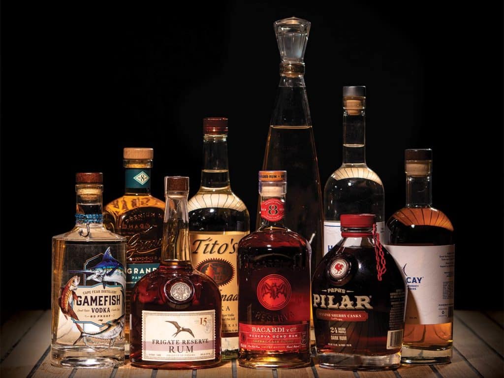 A collection of vodka, rums, tequilas, and other spirits.