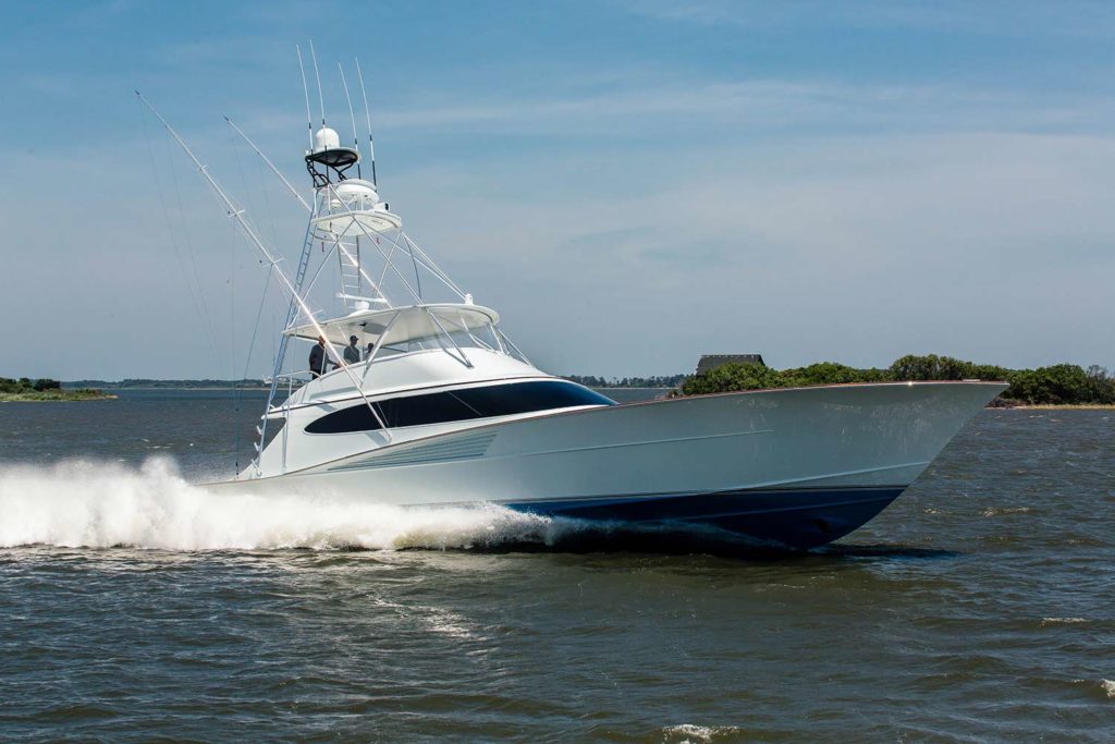 A Bayliss Boatworks sport fishing boat out on the water.