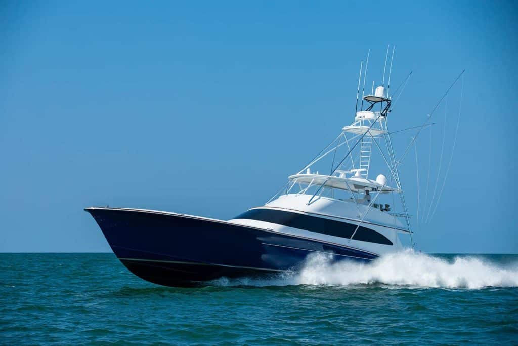 A large Jarrett Bay Boatworks sport fishing yacht on the water.