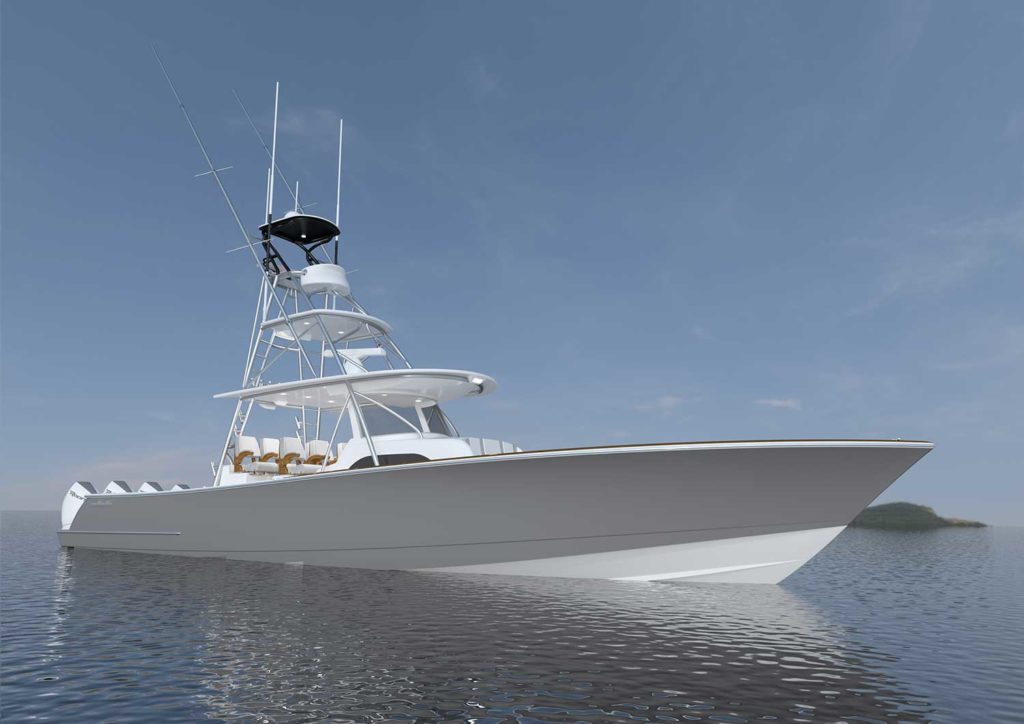 A digital rendering of a Valhalla Boatworks sport-fishing boat on the water.