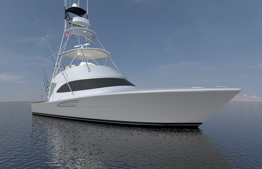 Three-dimensional 3D rendering of a white sport fishing boat on the ocean.