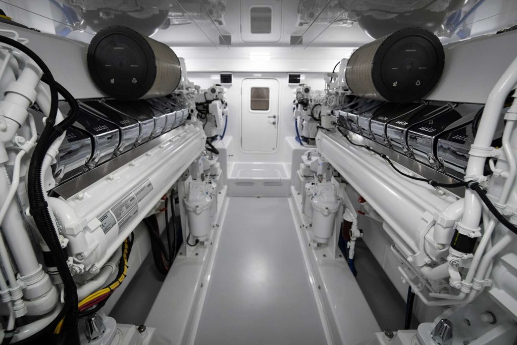 The engine room of a Bayliss Boatworks sport fishing boat.