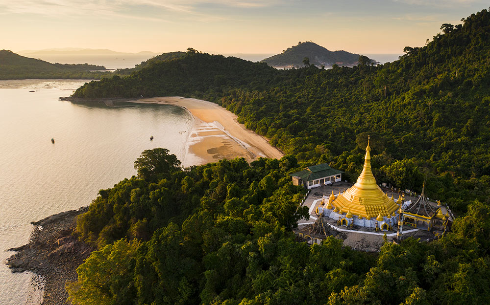 aerial view of andaman islands temple at sunset