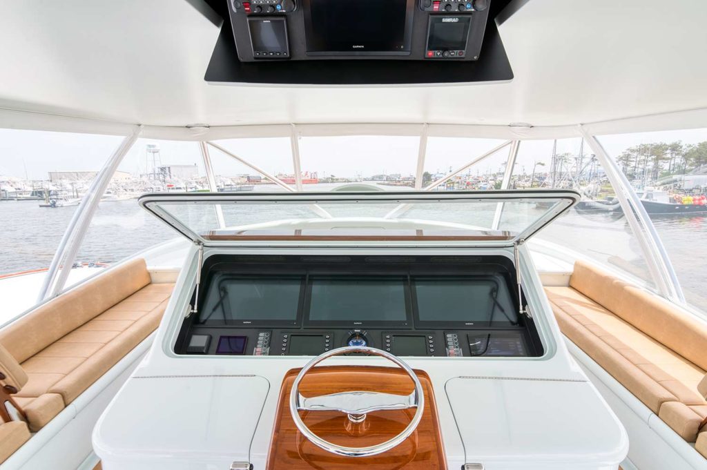 The center-console helm of a Bayliss Boatworks sport fishing boat.