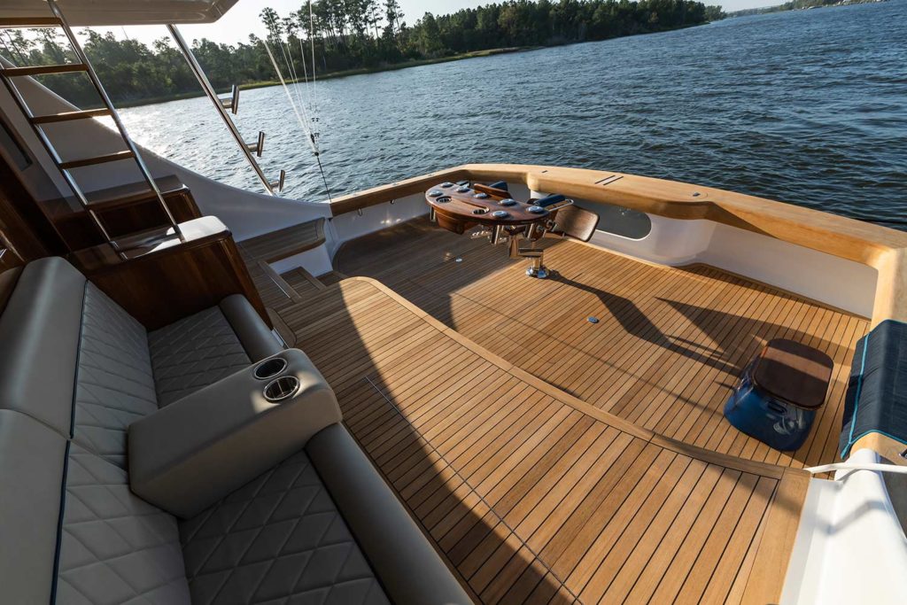 Exterior cockpit and seating area of the Jarrett Bay Boatworks custom sport fishing yacht.