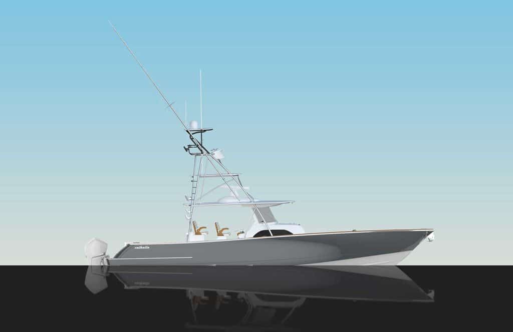 A digital rendering of a Valhalla Boatworks sport-fishing boat on the water.