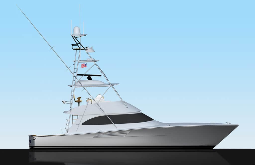 Digital rendering side profile view of a white sport fishing boat