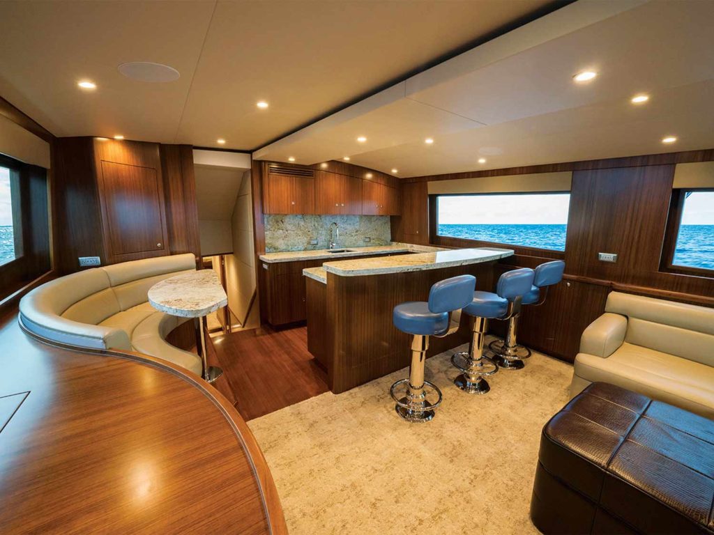 The salon and galley of an American Custom Yacht.
