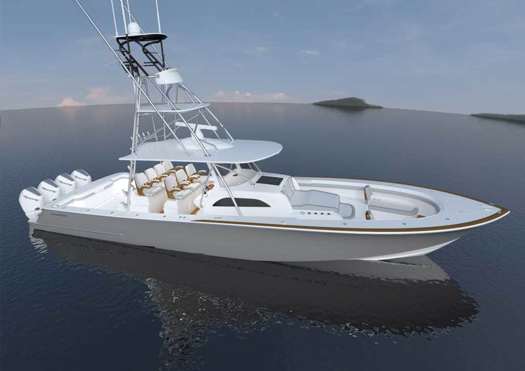 A digital rendering of a Valhalla Boatworks sport-fishing boat on the water.