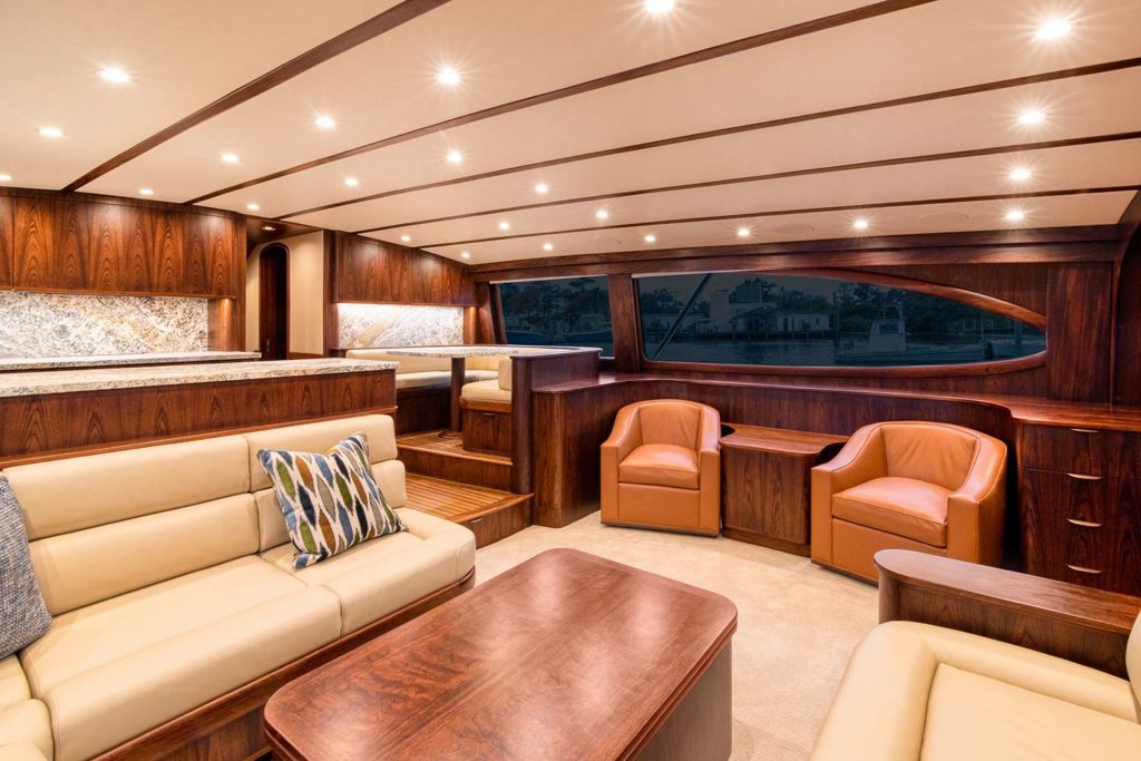 The interior salon of a Bayliss Boatworks sport fishing boat.