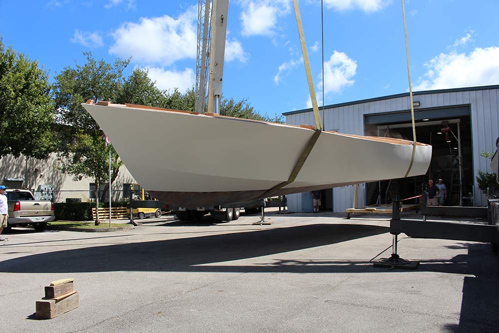 Gamefisherman boat hull being flipped