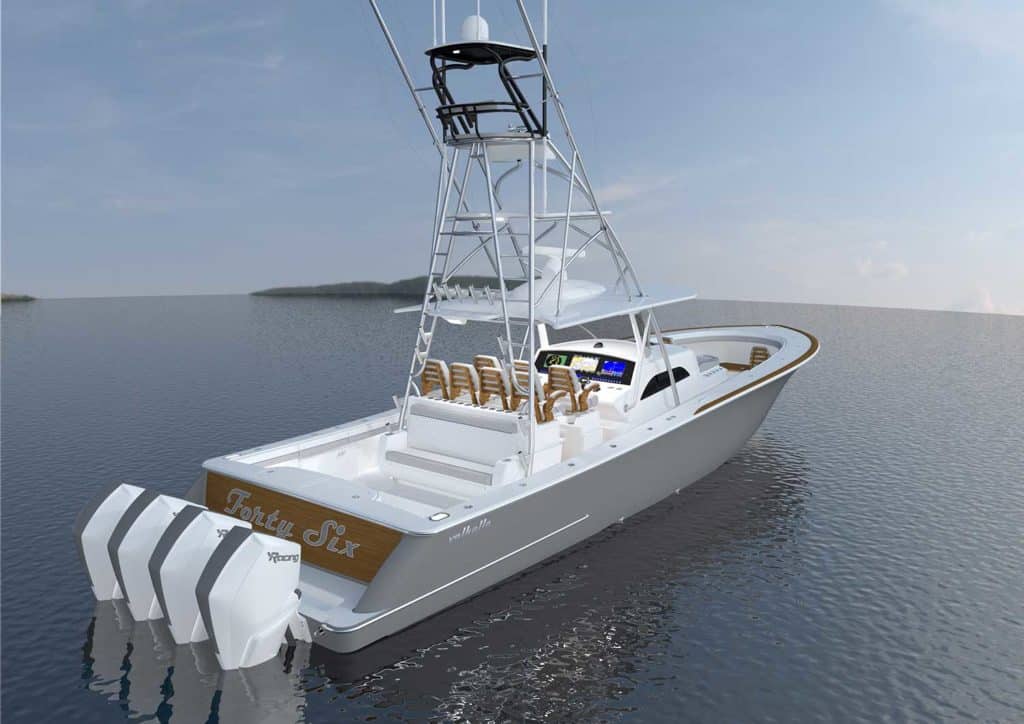 A digital rendering of a Valhalla Boatworks sport-fishing boat on the water.