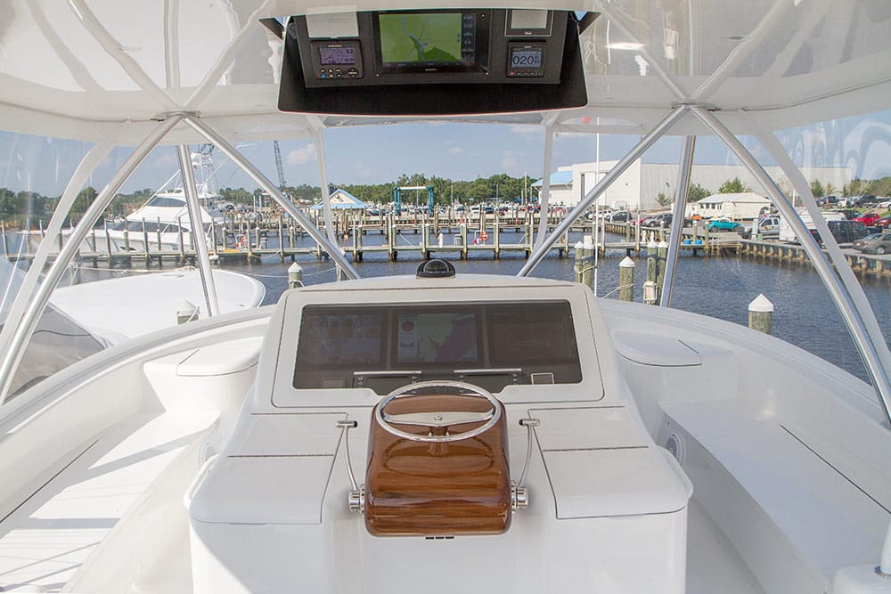the helm of the viking yacht 58 convertible boat