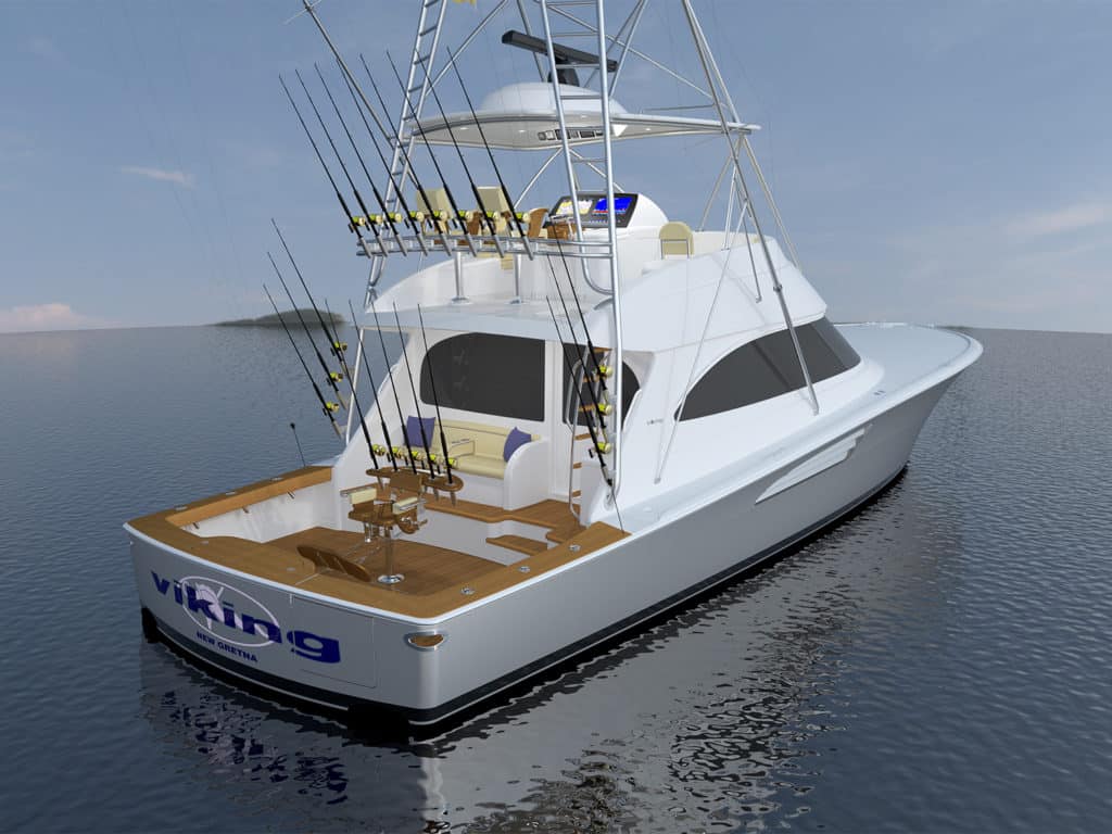 Digital rendering of a viking yacht's cockpit and rear view.
