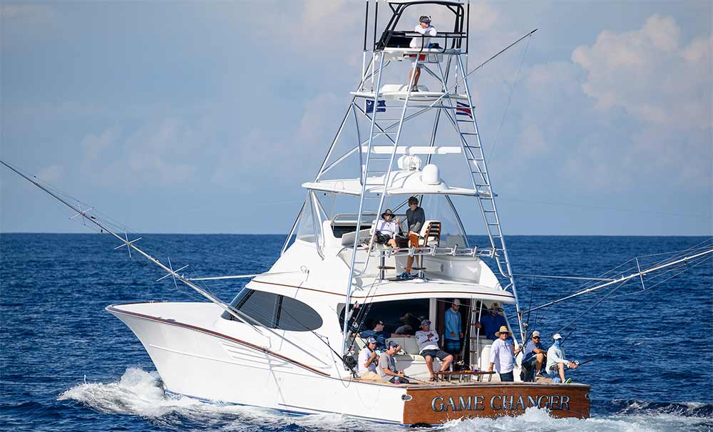 a sport fishing boat out on the water