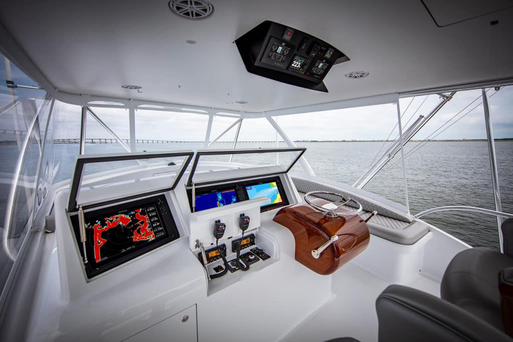 The helm of a sport fishing boat.