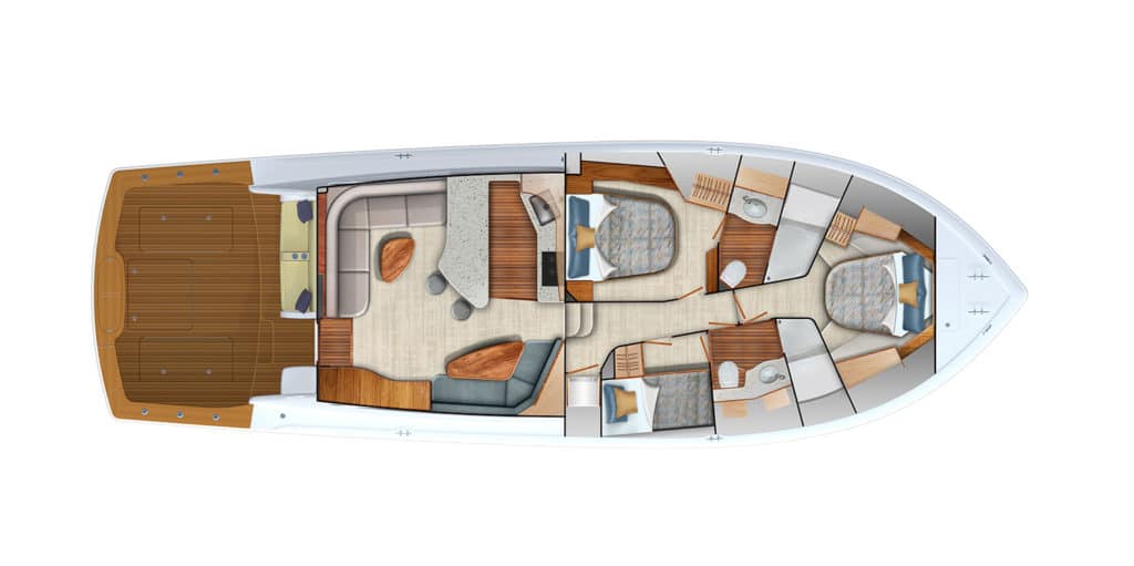 Top down digital rendering of an intersection of a sport fishing boat showing all internal compartments.