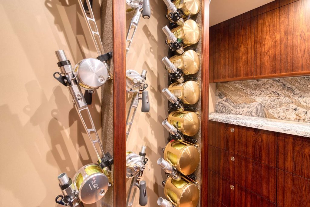 Fishing reel storage of a Bayliss Boatworks sport fishing boat.