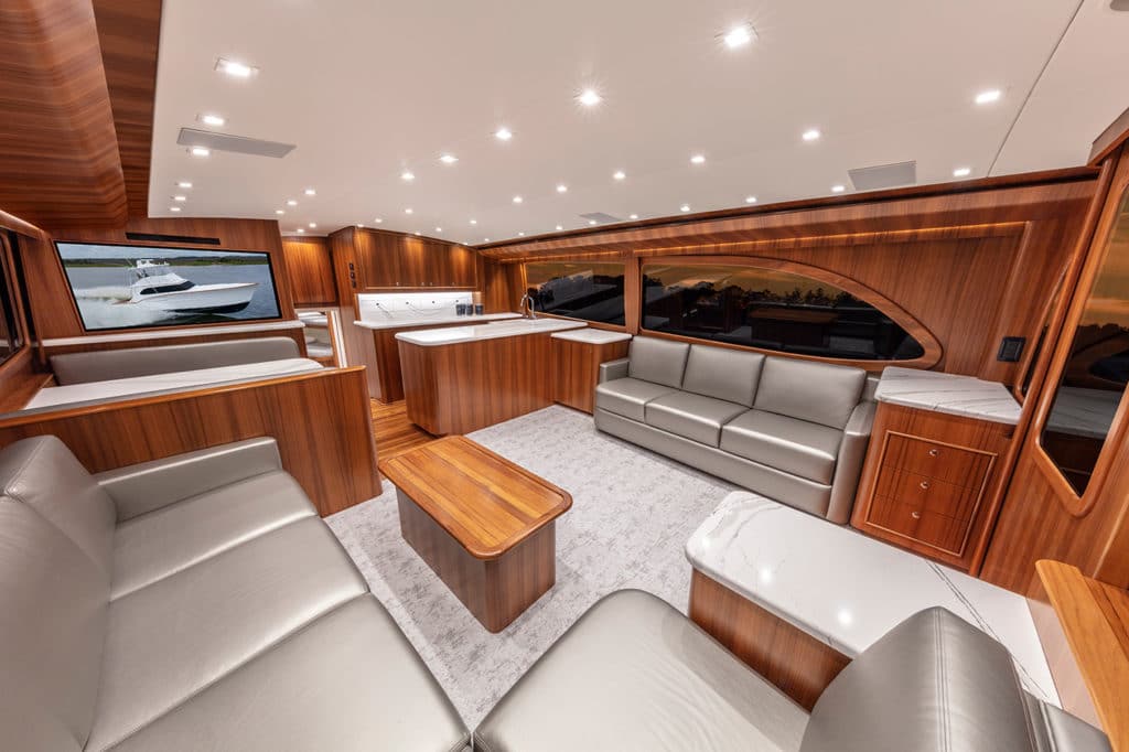 Interior salon and seating of a custom sport fishing boat.