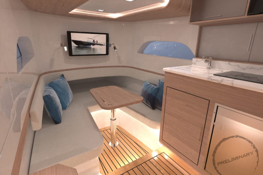 The interior galley and salon seating of the Valhalla Boatworks 46.