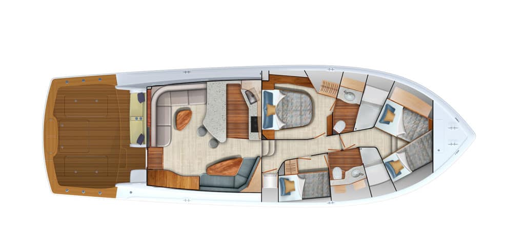 Top down digital rendering of an intersection of a sport fishing boat showing all internal compartments.