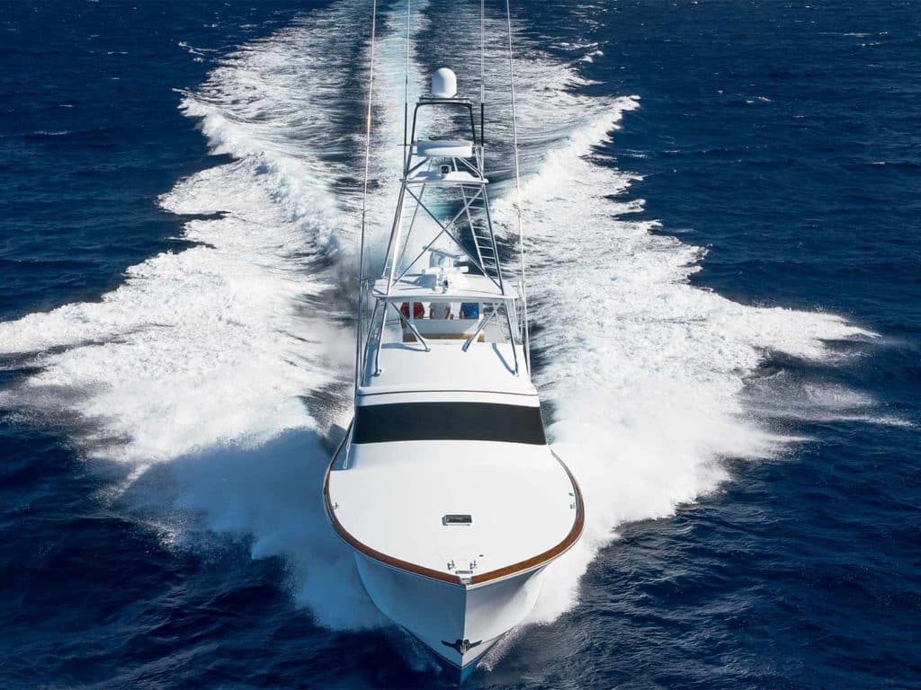 An aerial frontal view of the American Custom Yacht 68 sport fishing boat.