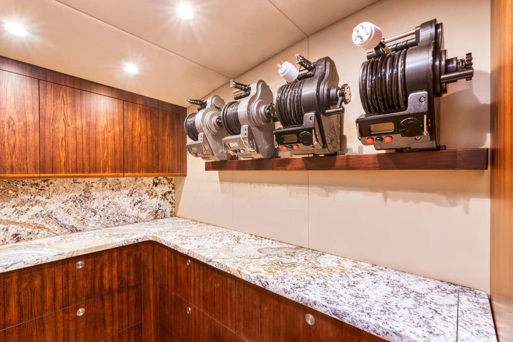LP reel storage in a Bayliss Boatworks sport fishing boat.