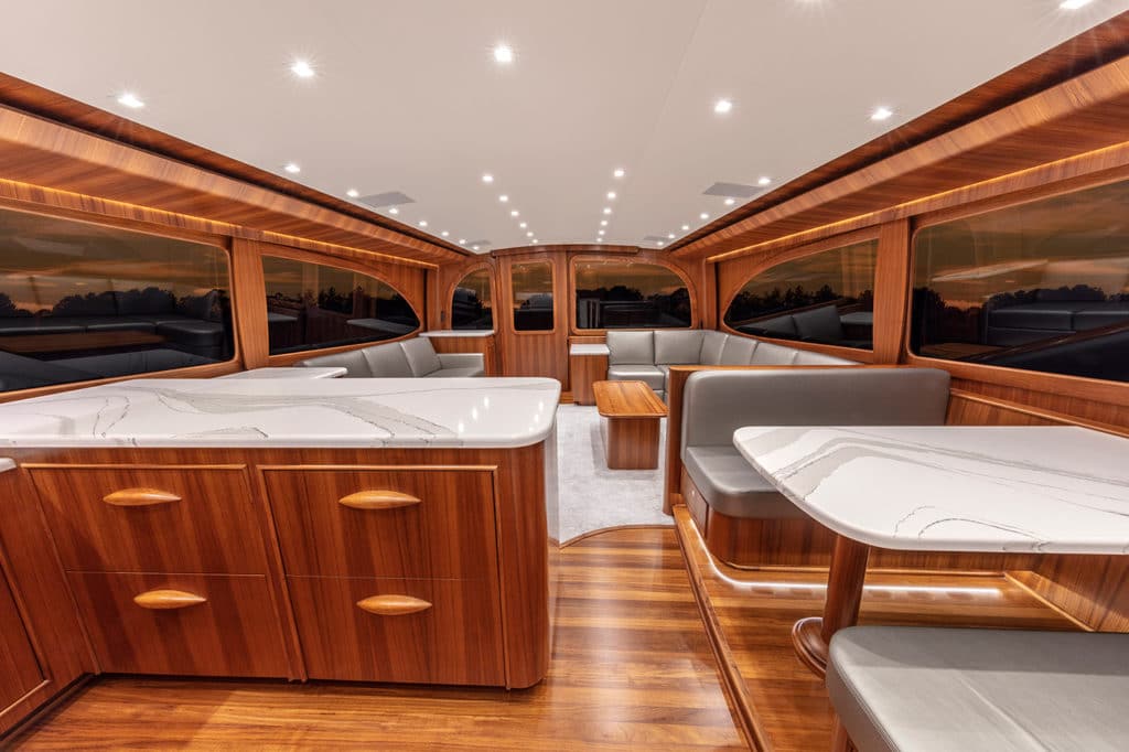 The kitchen and galley of a custom sport fishing boat.