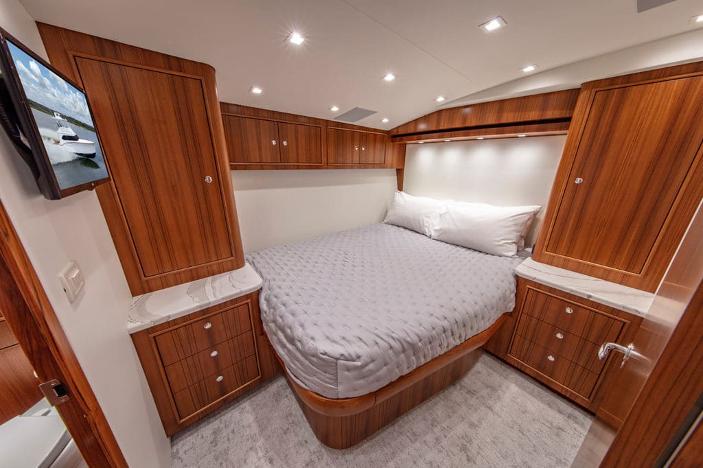 The master stateroom of a custom sport fishing boat.
