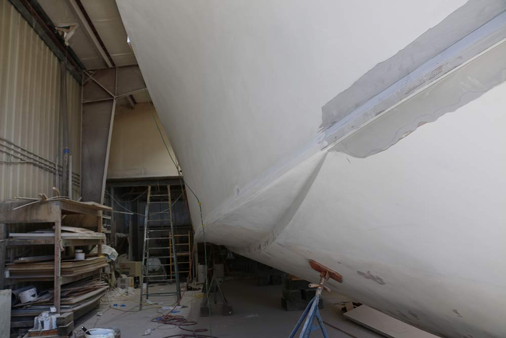 close up of yacht hull under construction