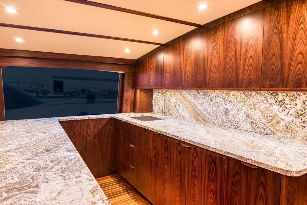 The interior galley of a Bayliss Boatworks sport fishing boat.