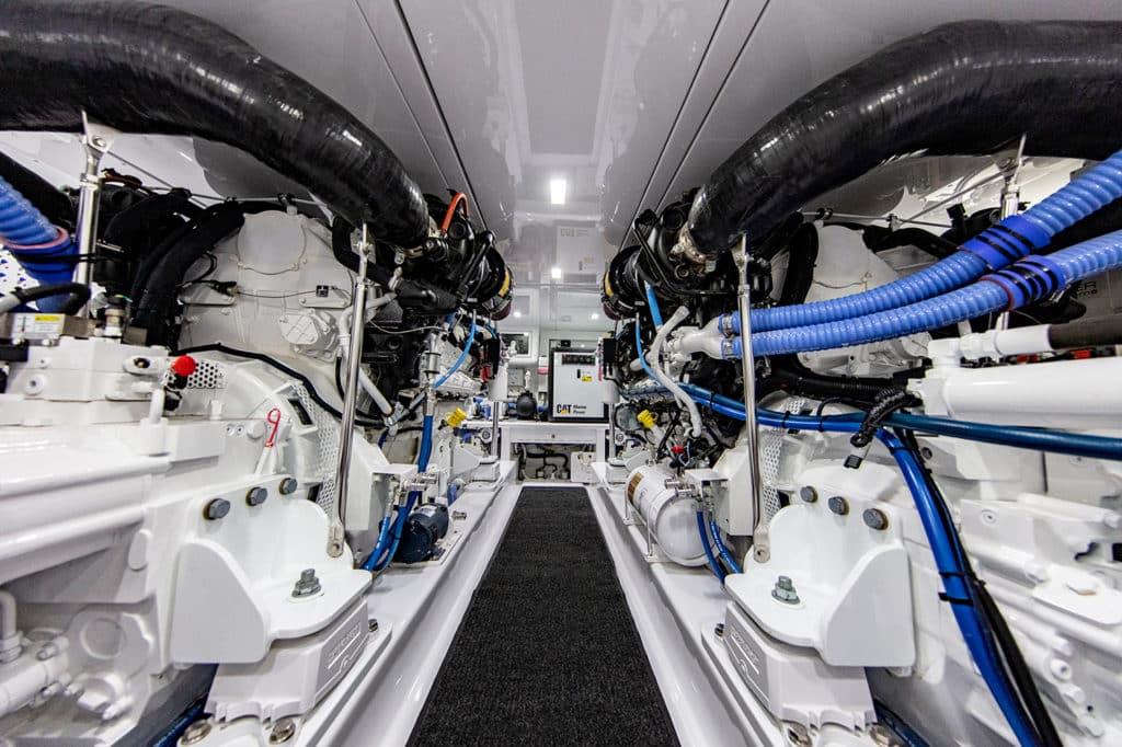 The engine room aboard a custom sport fishing boat.