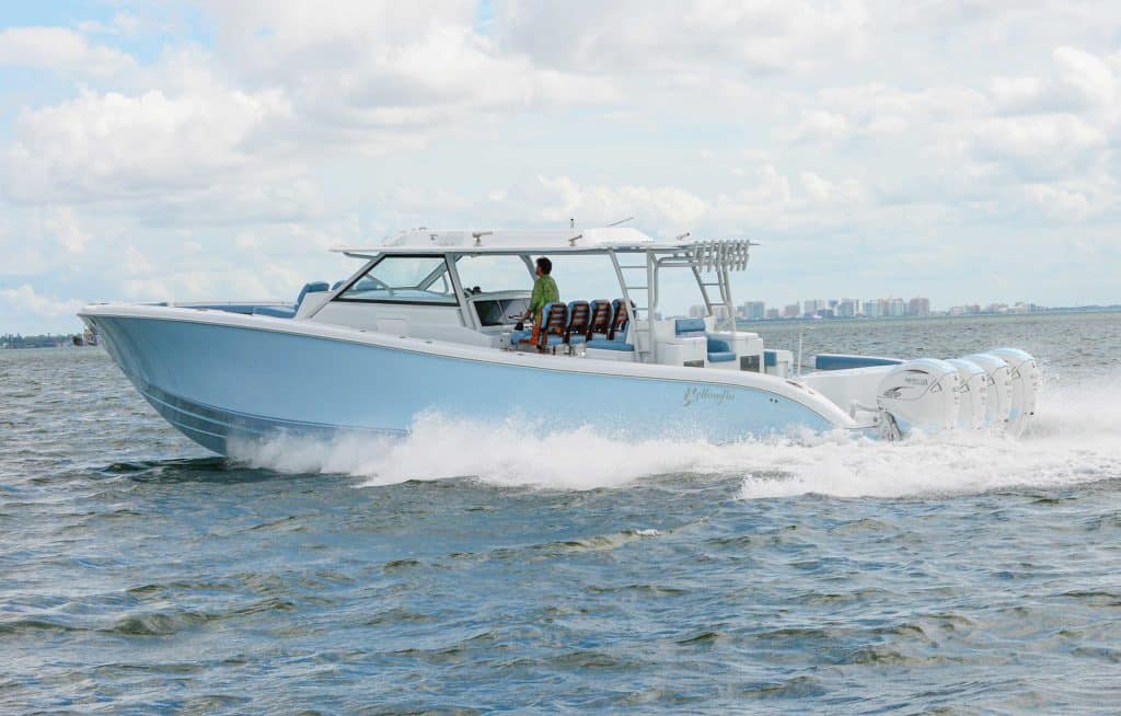 Yellowfin 54 Offshore running through the bay