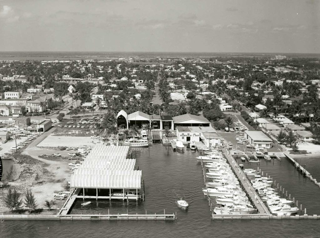 black and white photo of an aerial view of the rybovich and sons boat dock