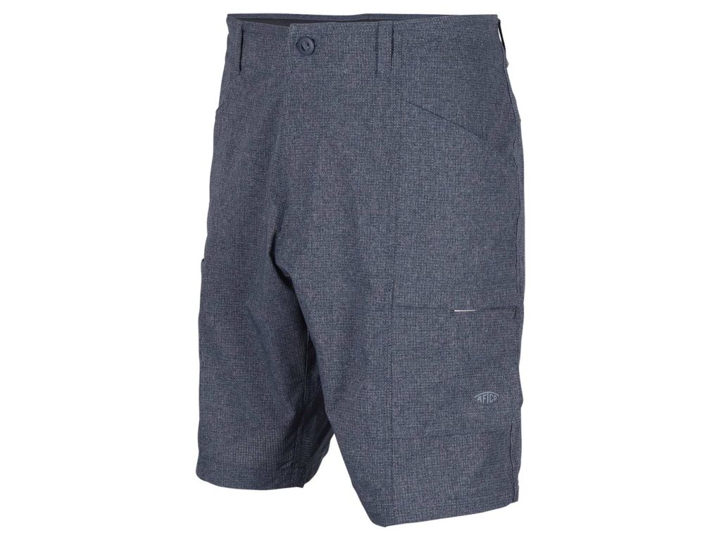 A pair of grey mesh fishing shorts on a white background.