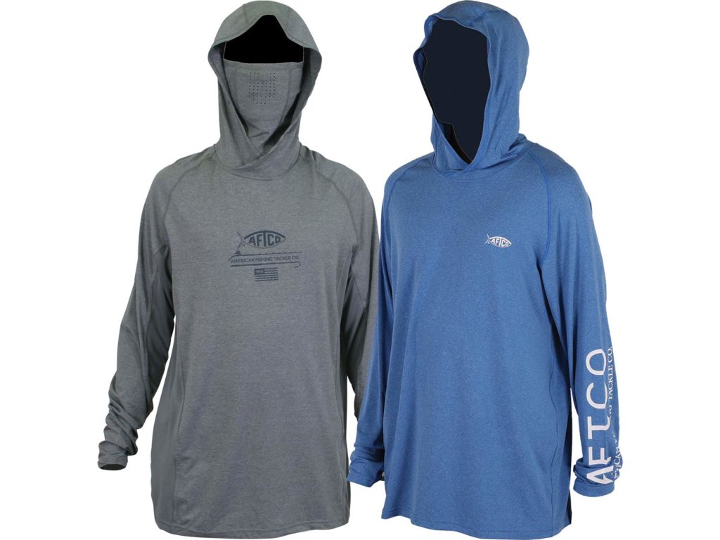 Two AFTCO sport fishing shirts on a white background. One is grey. The other is blue.
