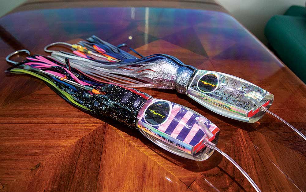 fishing lures on a wooden deck