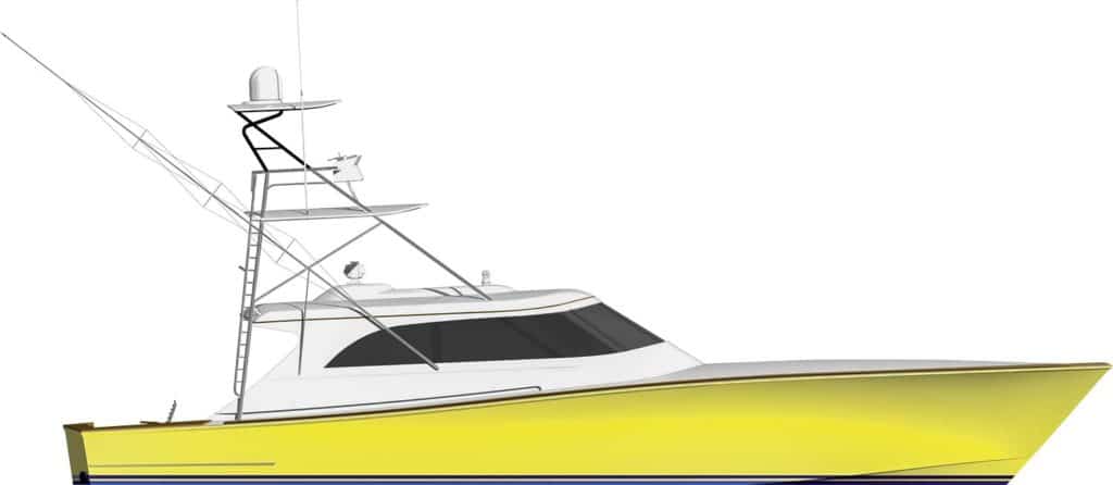 A digital rendering of a ACY 68 sport fishing boat.