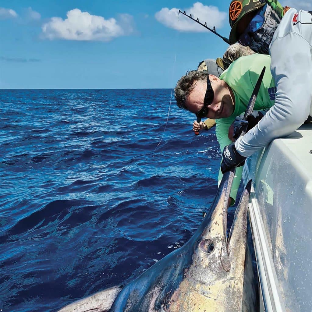 Two anglers hold a marlin's bill boatside.
