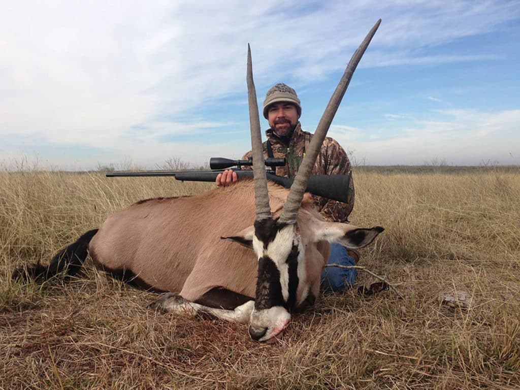 A hunter kneels behind a dropped antelope in an open field.