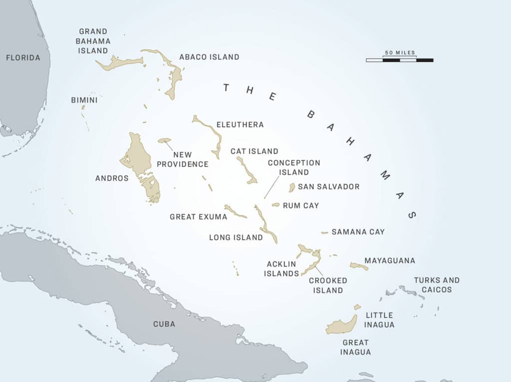 A digital illustration of a map of the Bahamas.