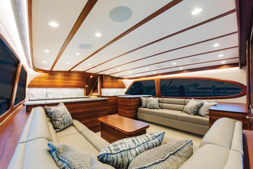 the interior salon of the bayliss boatworks 62