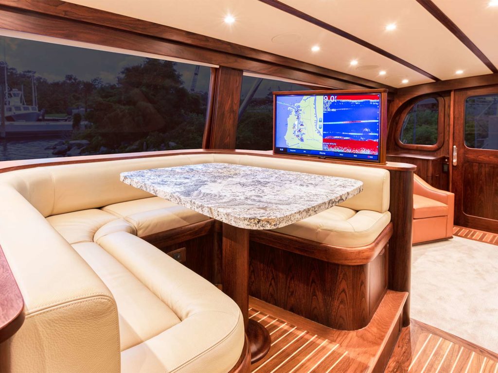 The interior salon of the Bayliss Boatworks 78, Blue View.