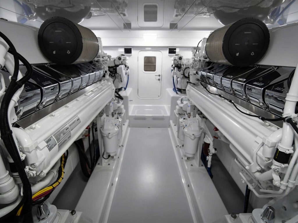 The interior engine room of the Bayliss Boatworks 78, Blue View.