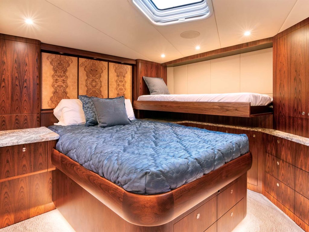 The interior guest stateroom of the Bayliss Boatworks 78, Blue View.