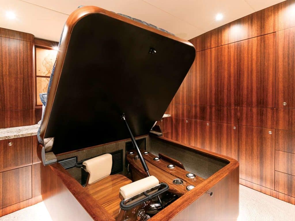 The interior stateroom storage solutions of the Bayliss Boatworks 78, Blue View.