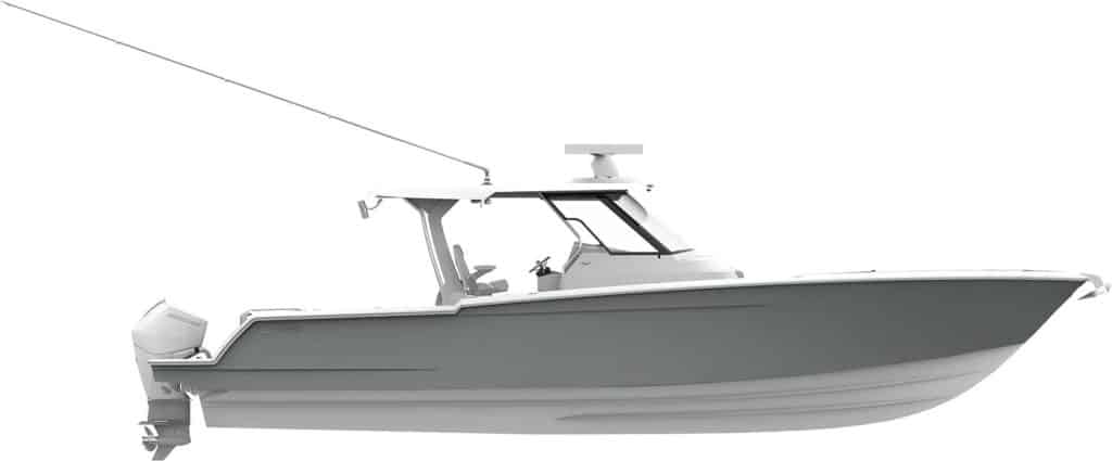A digital rendering of Bertram 39 sport fishing boat.