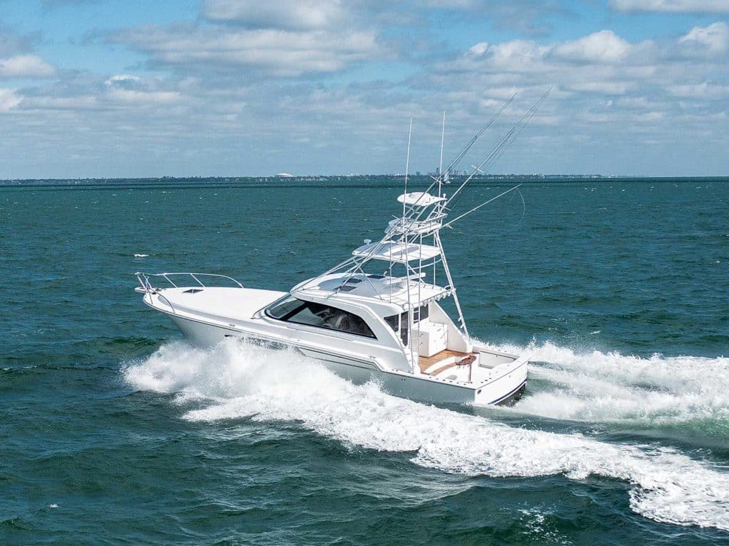The Bertram 50 Express sport-fishing boat on the water.